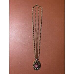 Vintage Gold Tone Pendant Necklace Red Millefiori Micromosaic Filigre Ornate 12"